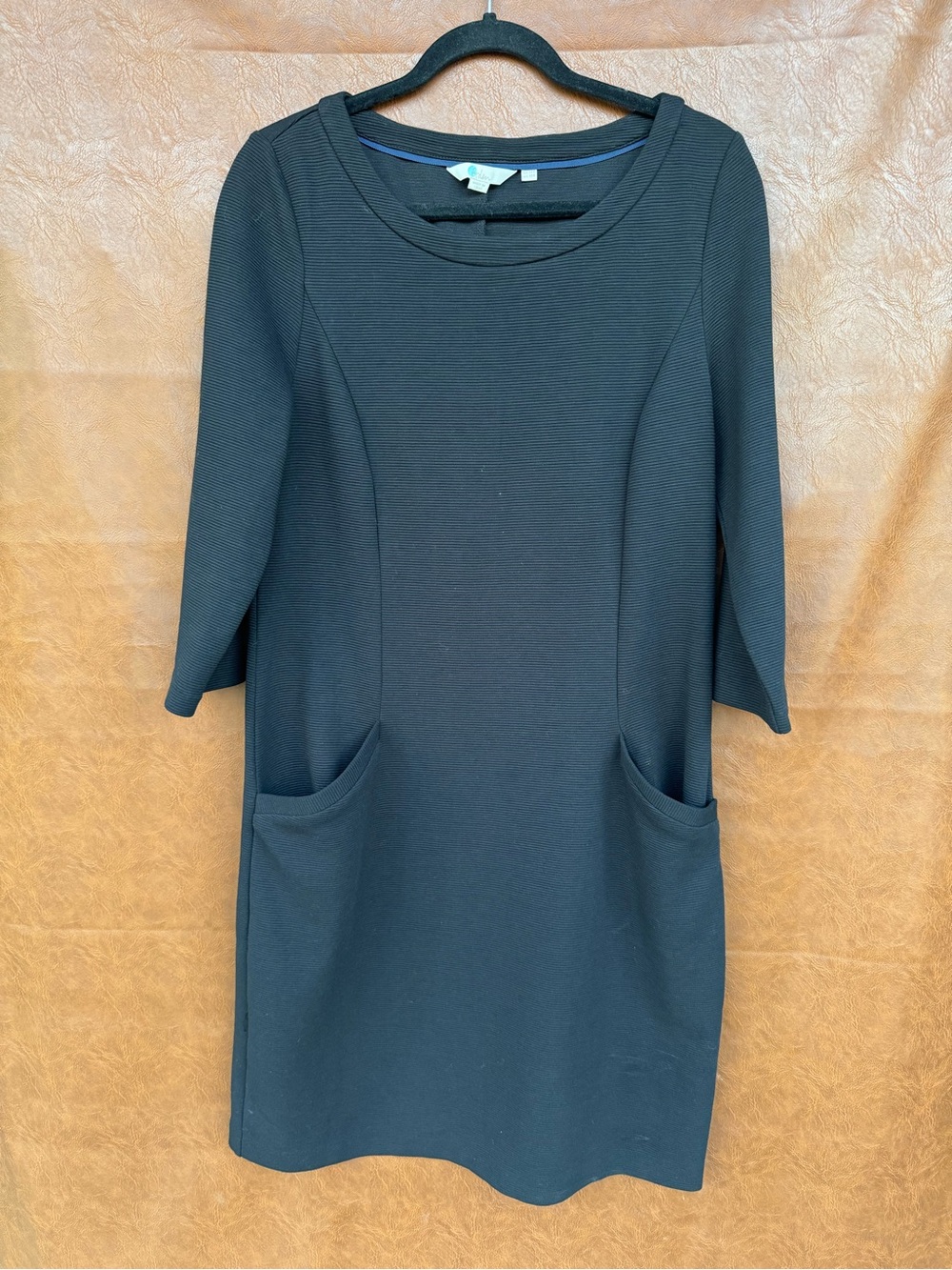 Boden Black Ribbed Pocket Shift Dress 3/4 Sleeve Career Office US 10R